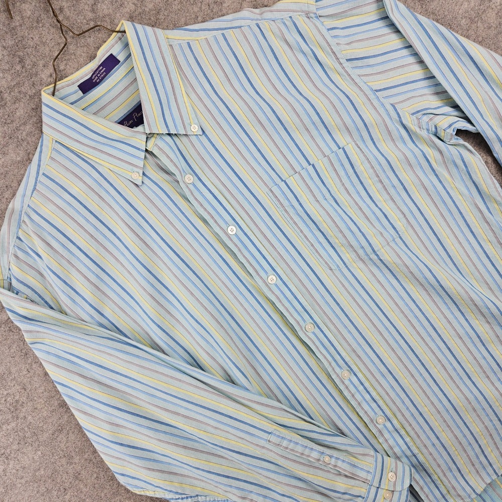 Alan Flusser Button Down Shirt Men's XL Blue Yellow Striped Long Sleeve Cotton